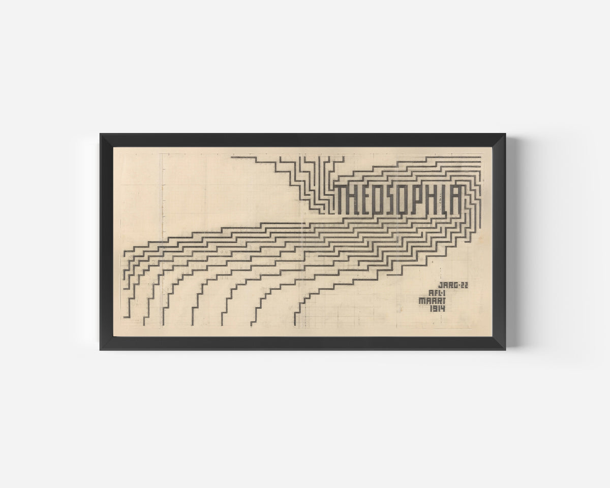 Framed art print of Design for a Theosophia Cover by Mathieu Lauweriks, in a wide black frame on a plain white wall