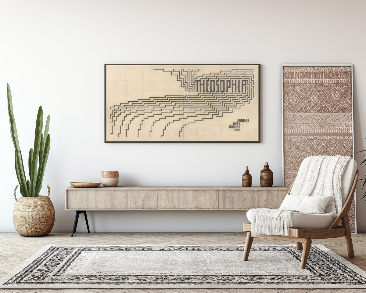Framed art print of Design for a Theosophia Cover by Mathieu Lauweriks, above a sideboard in a living room