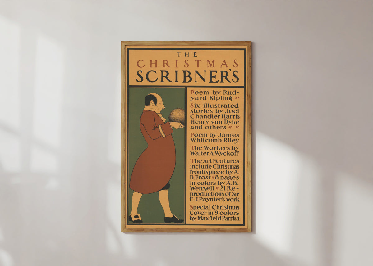 Framed art print of The Christmas Scribner’s by Maxfield Parrish, in a light wood frame on a sunlit white wall