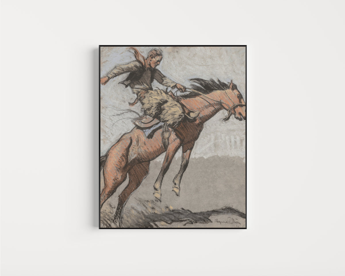 Framed art print of Bronco Buster by Maynard Dixon, in a slim black frame on a plain white wall