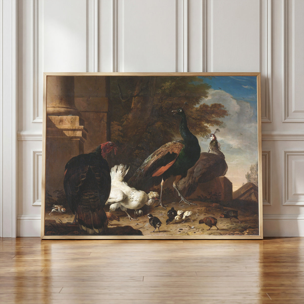 Framed art print of Een hen met pauwen en een kalkoen (A Hen with… by Melchior d'Hondecoeter, in a light wood frame leaning against a panelled white wall