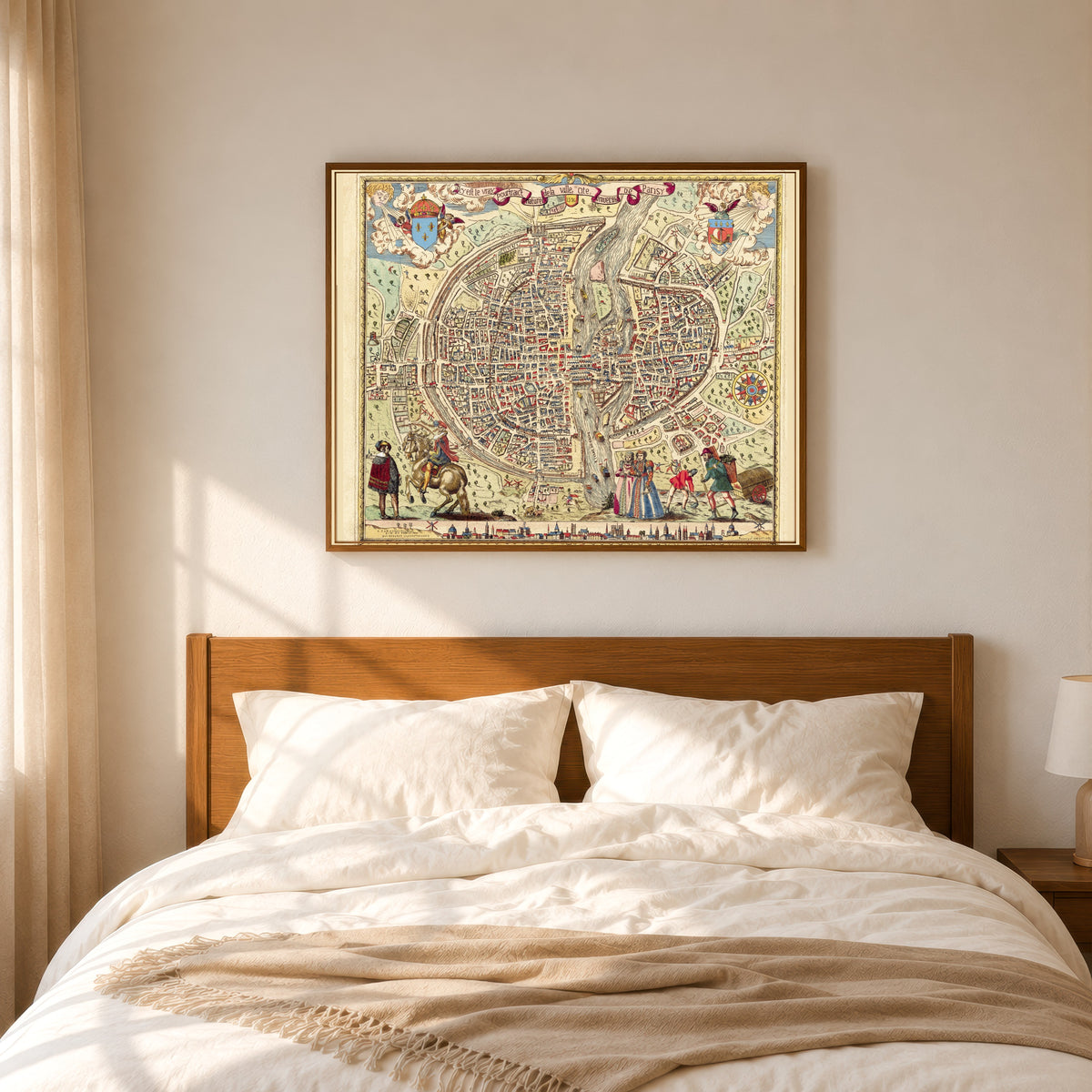 Framed art print of Map of Paris: The True Portrait of the City by Melchior Rossignol, in a slim wood frame above a bed in a sunlit bedroom