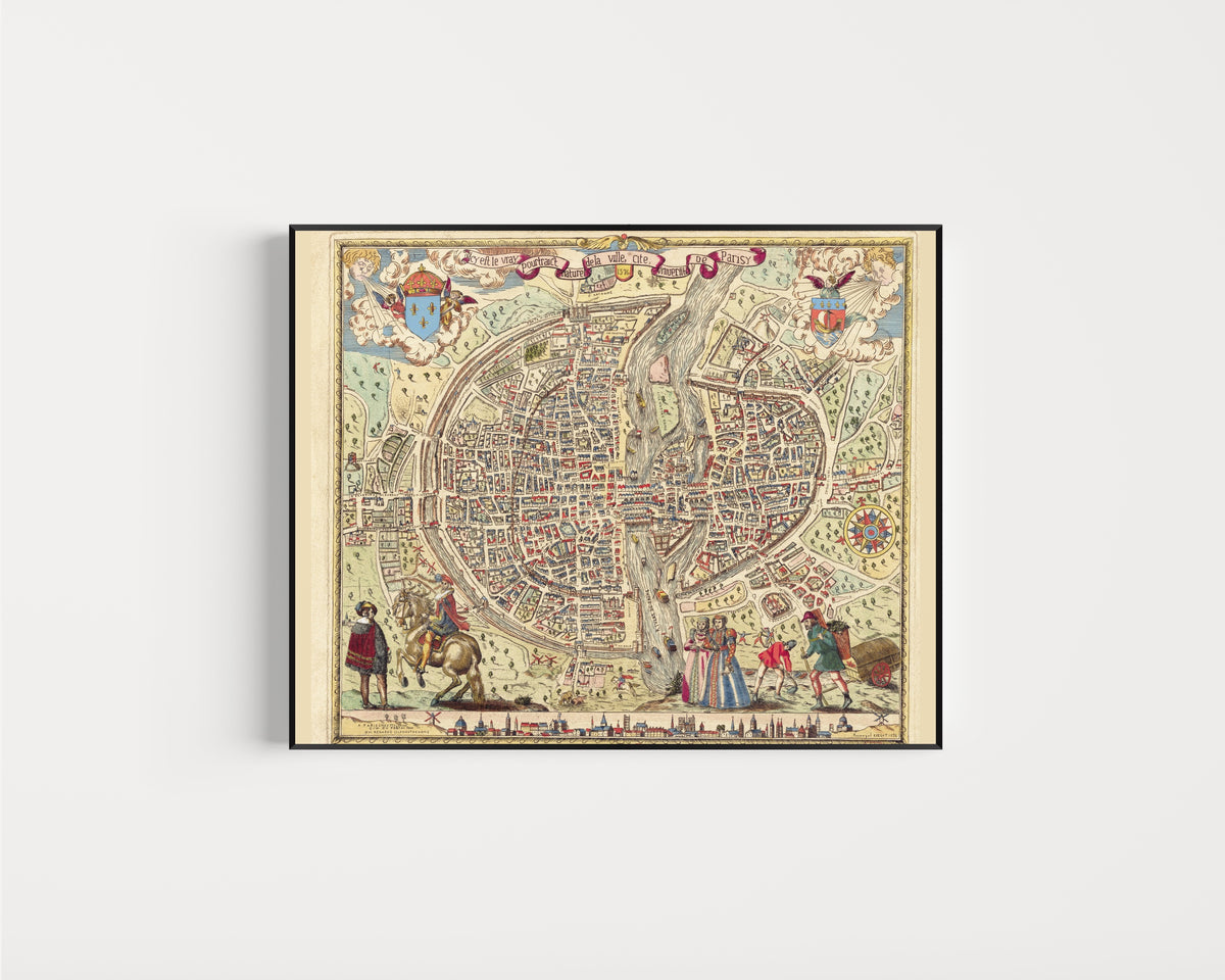 Framed art print of Map of Paris: The True Portrait of the City by Melchior Rossignol, in a slim black frame on a plain white wall