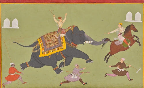 Mewar school — The Elephant of Maharana Jai Singh of Mewar Catches a Horse by the Tail | Indian Miniature Painting Print