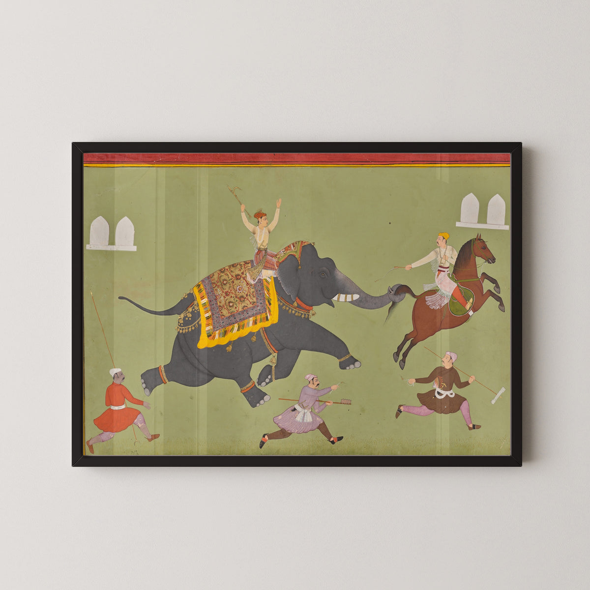 Mewar school — The Elephant of Maharana Jai Singh of Mewar Catches a Horse by the Tail | Indian Miniature Painting Print