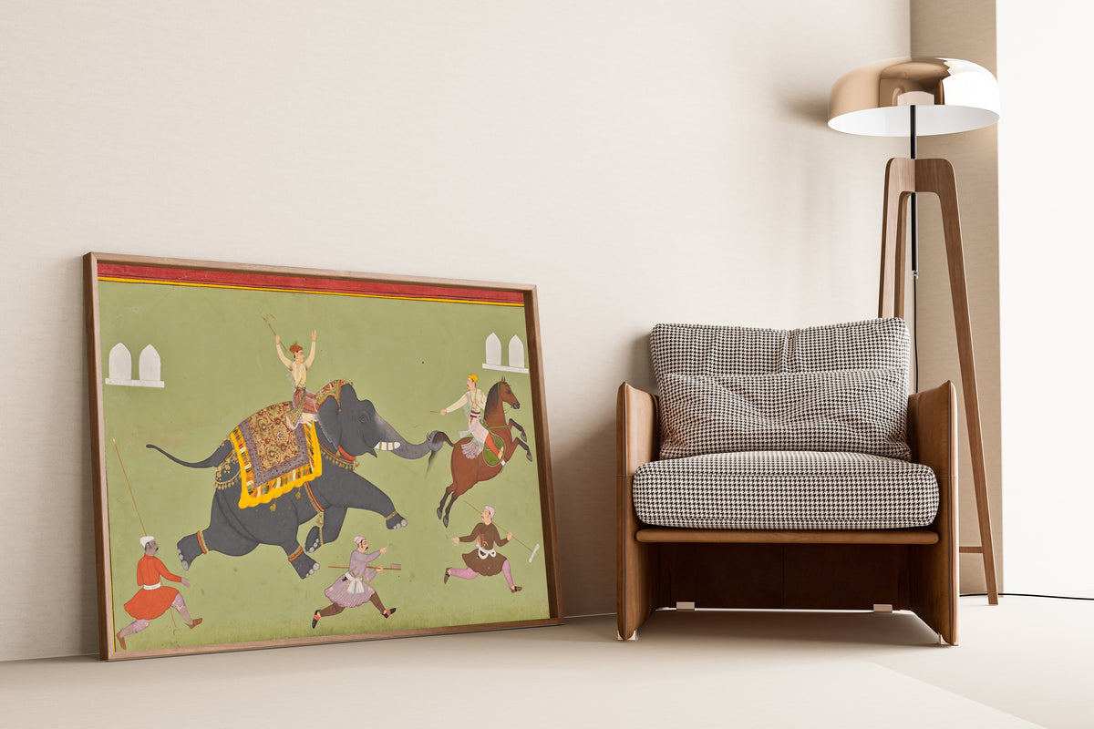 Mewar school — The Elephant of Maharana Jai Singh of Mewar Catches a Horse by the Tail | Indian Miniature Painting Print