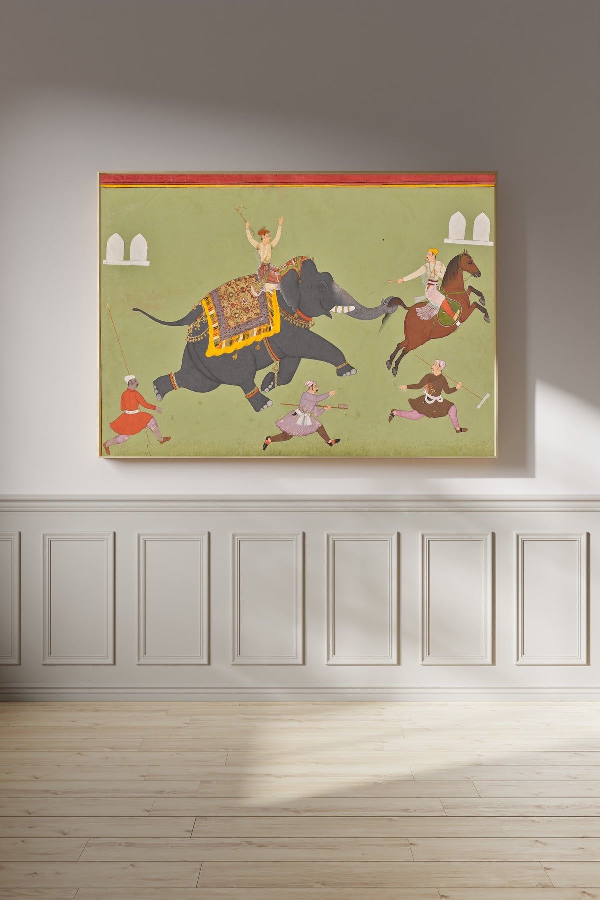 Mewar school — The Elephant of Maharana Jai Singh of Mewar Catches a Horse by the Tail | Indian Miniature Painting Print