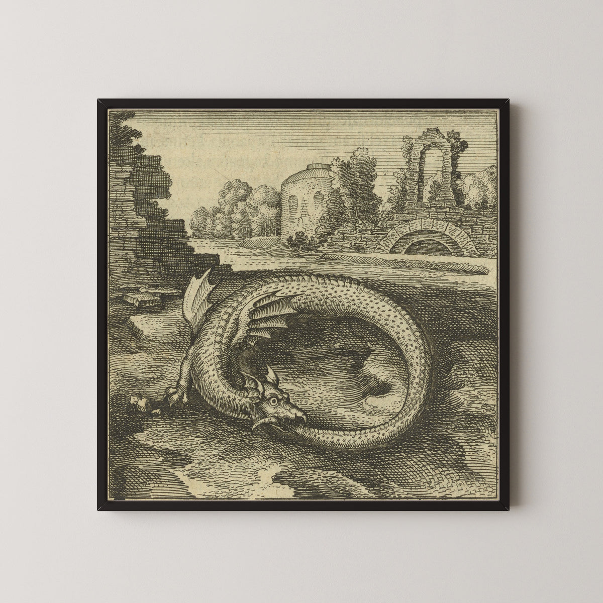 Framed art print of Atalanta Fugiens, Emblem 14: This Is the Dragon That Devours Its Own Tail by Michael Maier, in a black frame on a pale wall