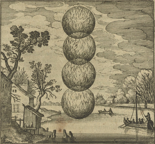 Atalanta Fugiens, Emblem 17: Four Orbs Govern This Work of Fire by Michael Maier — Four flaming spheres stack in the sky above a quiet river