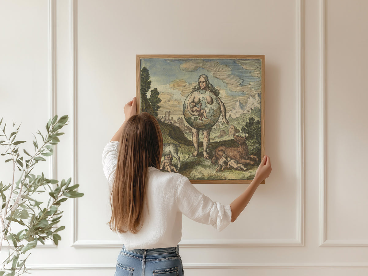 Framed art print of Atalanta Fugiens, Emblem 2: The Earth Is Its Nurse by Michael Maier, hung on a panelled wall