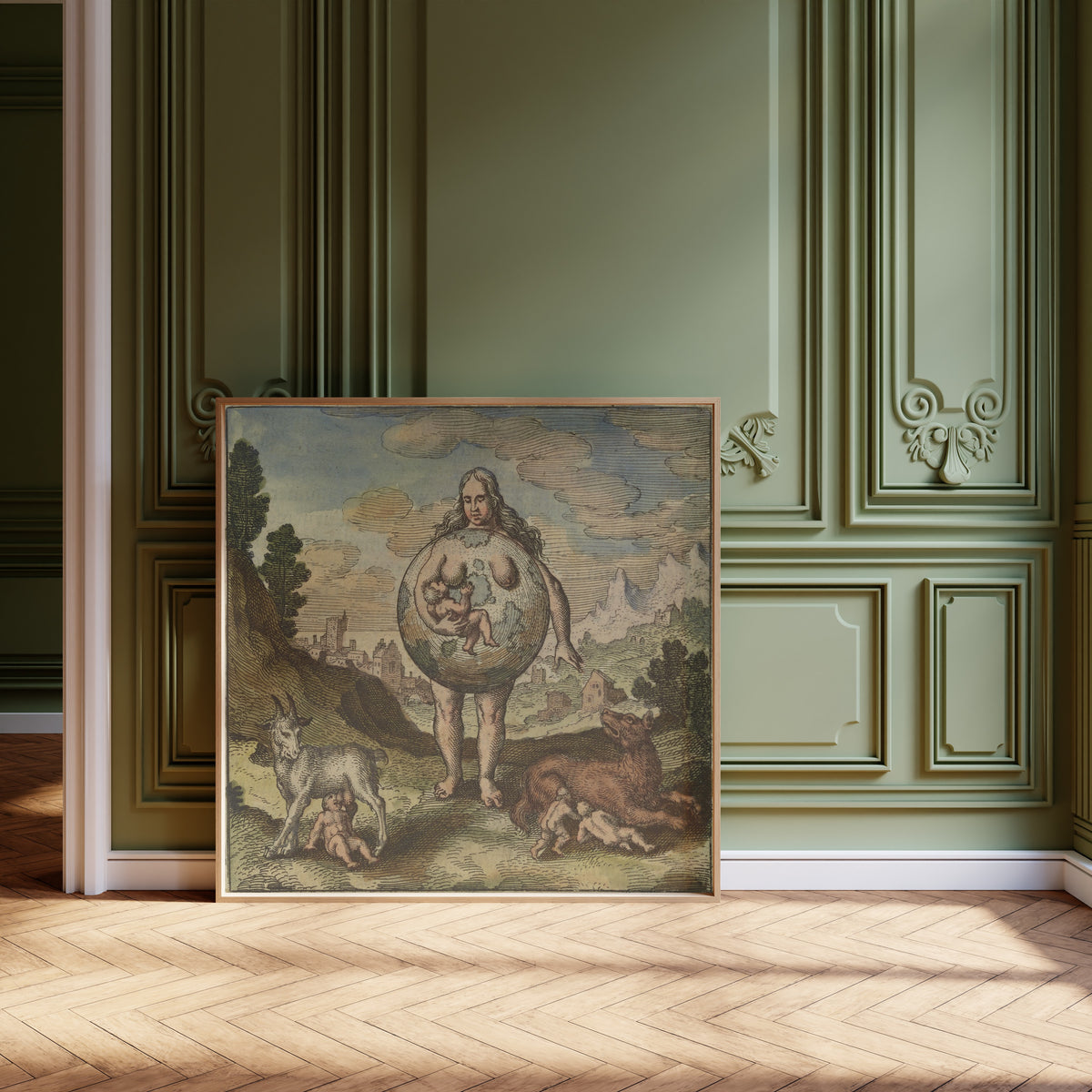 Framed art print of Atalanta Fugiens, Emblem 2: The Earth Is Its Nurse by Michael Maier, leaning against olive-green panelling on a herringbone floor