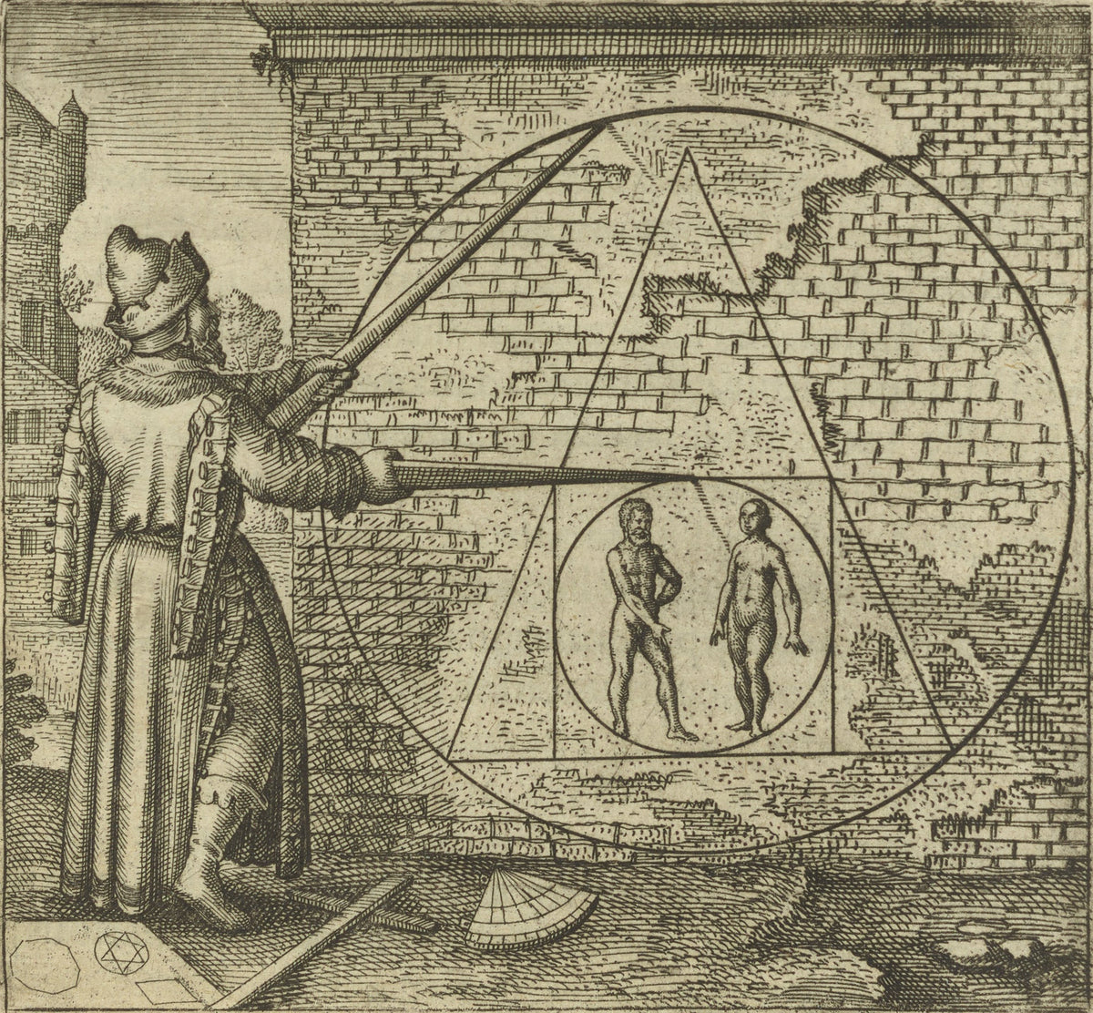 Michael Maier — Atalanta Fugiens, Emblem 21: Make a Circle from Man and Woman | Alchemical Engraving Print