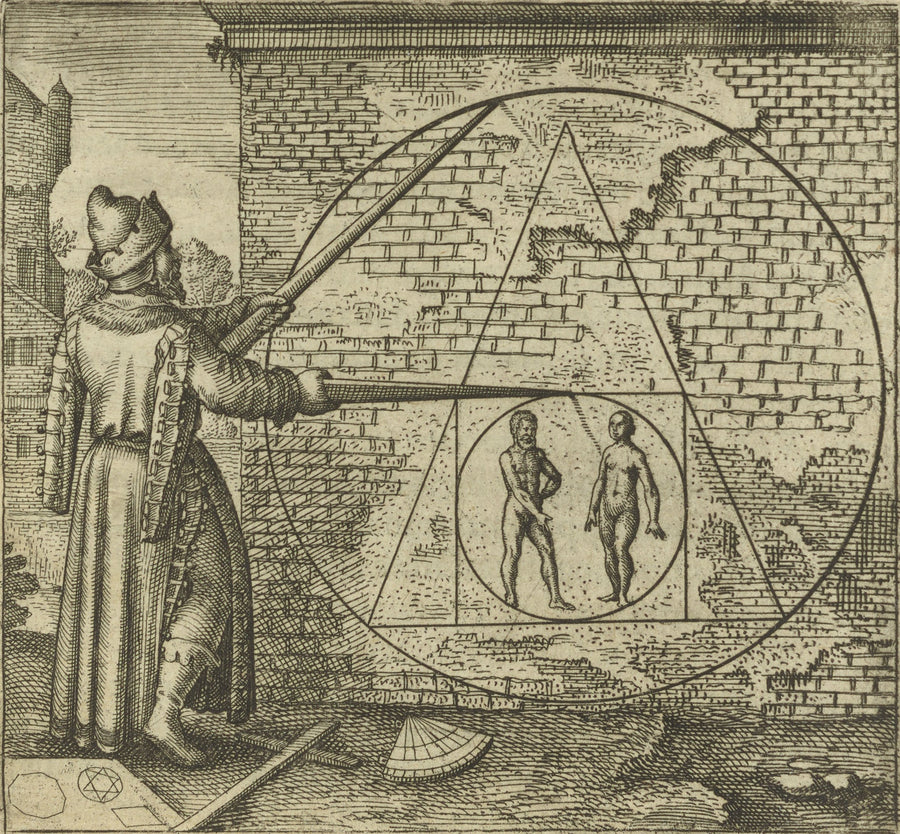 Michael Maier — Atalanta Fugiens, Emblem 21: Make a Circle from Man and Woman | Alchemical Engraving Print shown to scale on a wall above a sofa