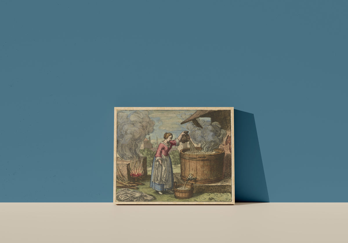 Framed art print of Atalanta Fugiens, Emblem 3: Go to the Woman Who Washes Sheets, and Do… by Michael Maier, in a light wood frame leaning on a blue wall