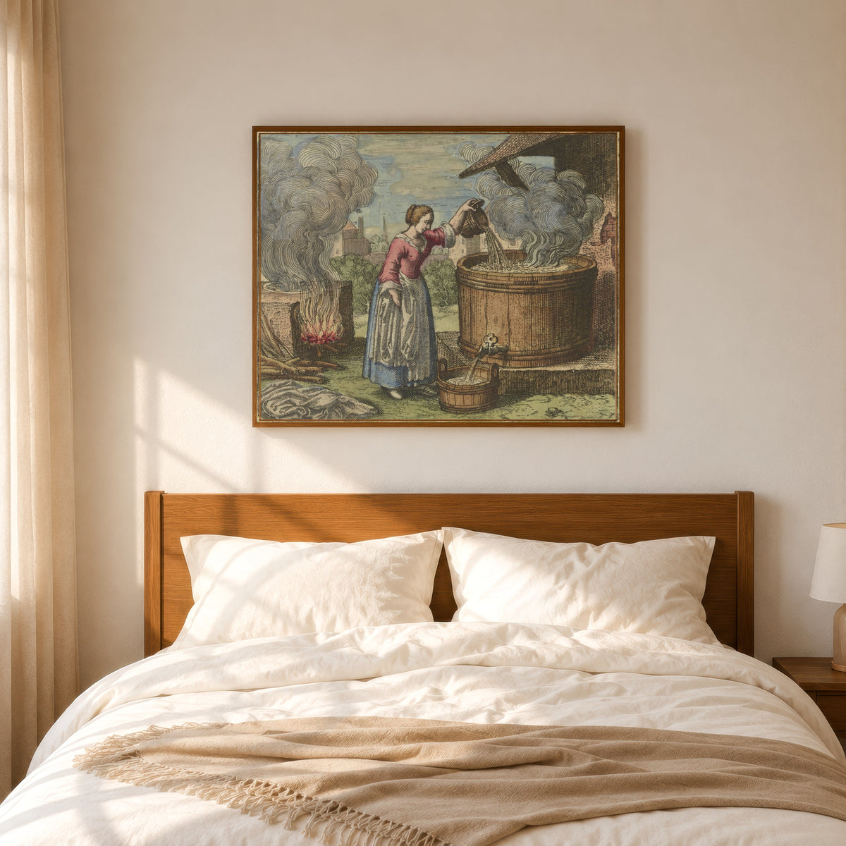 Framed art print of Atalanta Fugiens, Emblem 3: Go to the Woman Who Washes Sheets, and… by Michael Maier, in a slim wood frame above a bed in a sunlit bedroom