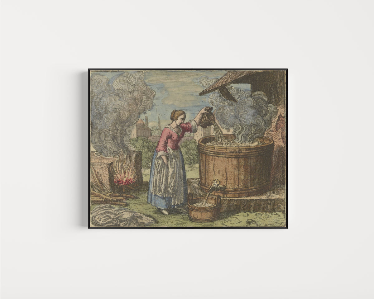 Framed art print of Atalanta Fugiens, Emblem 3: Go to the Woman Who Washes Sheets, and Do Likewise by Michael Maier, in a slim black frame on a plain white wall