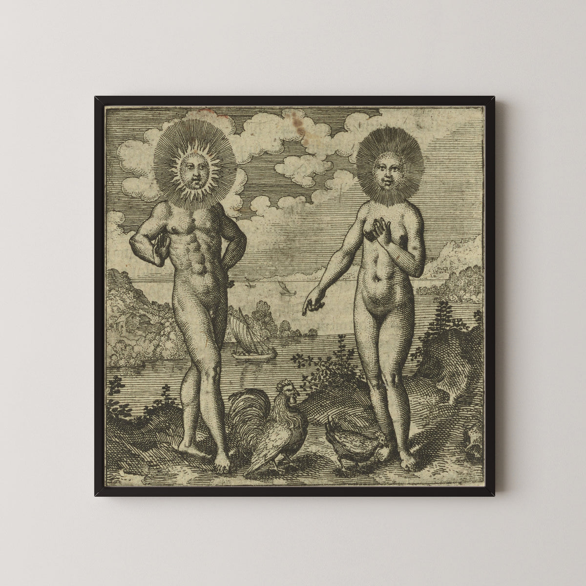 Framed art print of Atalanta Fugiens, Emblem 30: The Sun Needs the Moon as the Cock Needs the Hen by Michael Maier, in a black frame on a pale wall