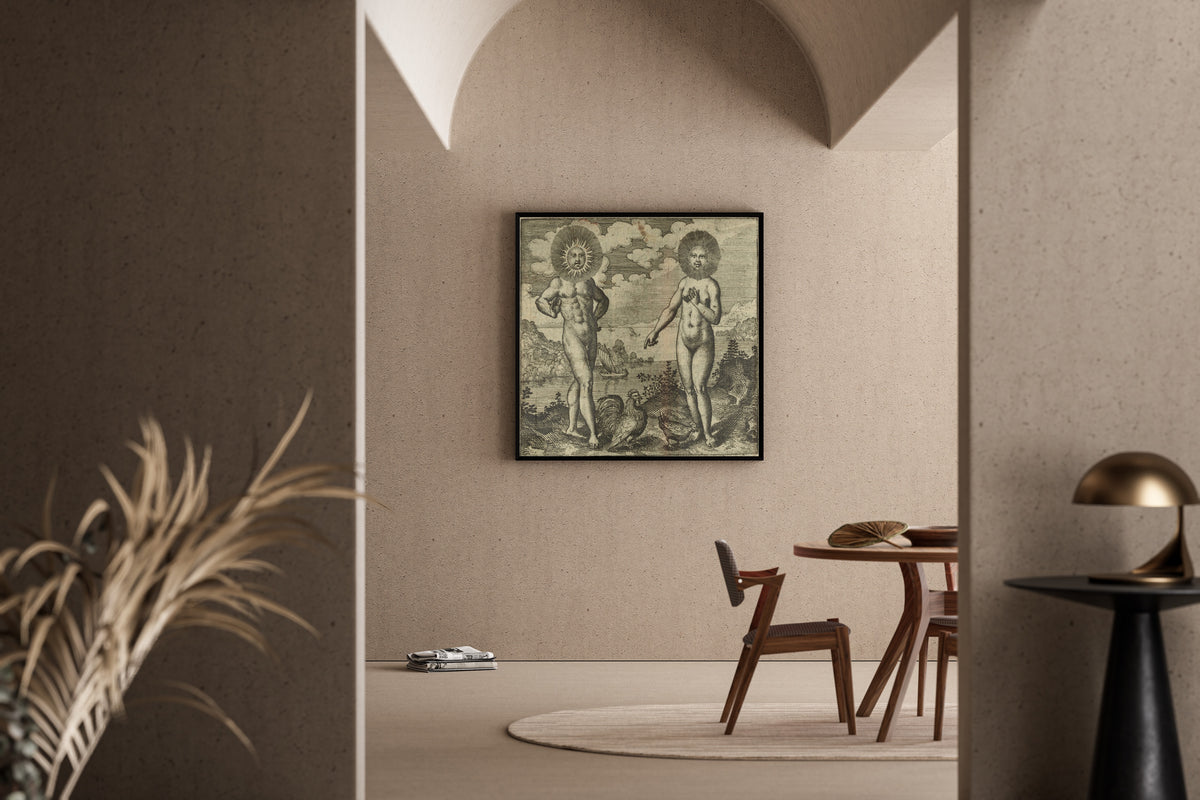 Framed art print of Atalanta Fugiens, Emblem 30: The Sun Needs the Moon as the Cock Needs the Hen by Michael Maier, in a sunlit dining corner
