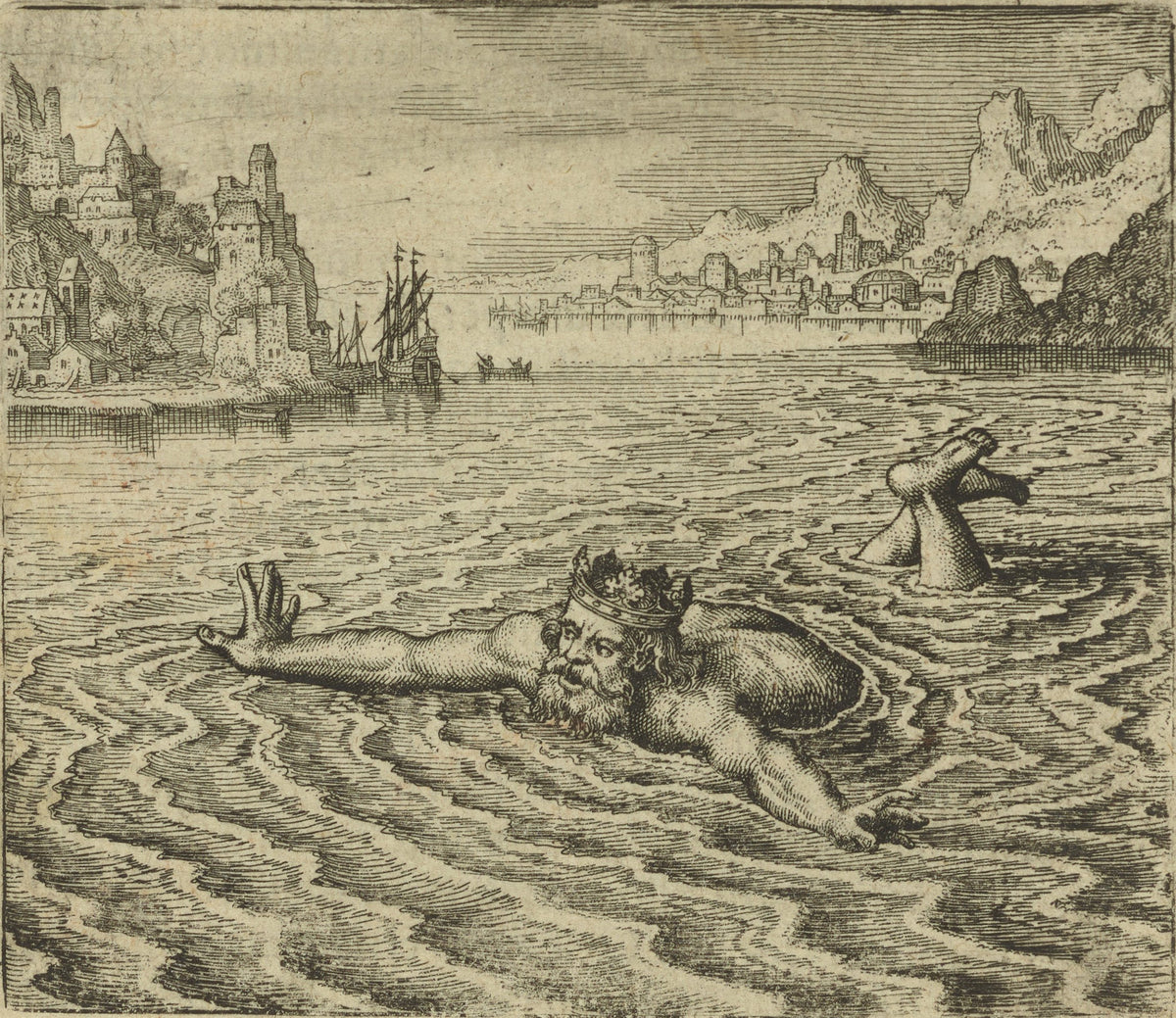 Atalanta Fugiens, Emblem 31: The King Swimming in the Sea Cries Out, He That Delivers Me Shall Have a Great Reward by Michael Maier — A crowned king swims