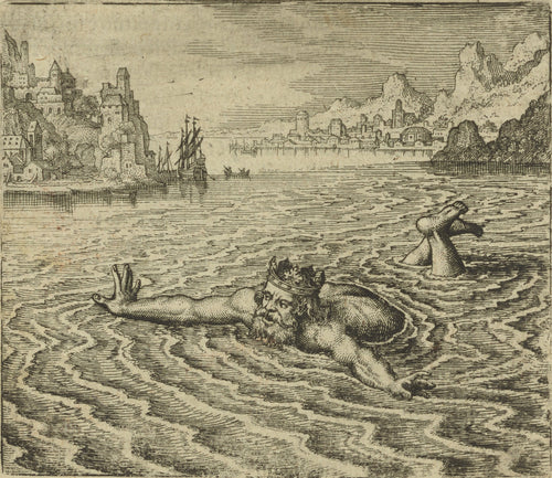Atalanta Fugiens, Emblem 31: The King Swimming in the Sea Cries Out, He That Delivers Me Shall Have a Great Reward by Michael Maier — A crowned king swims