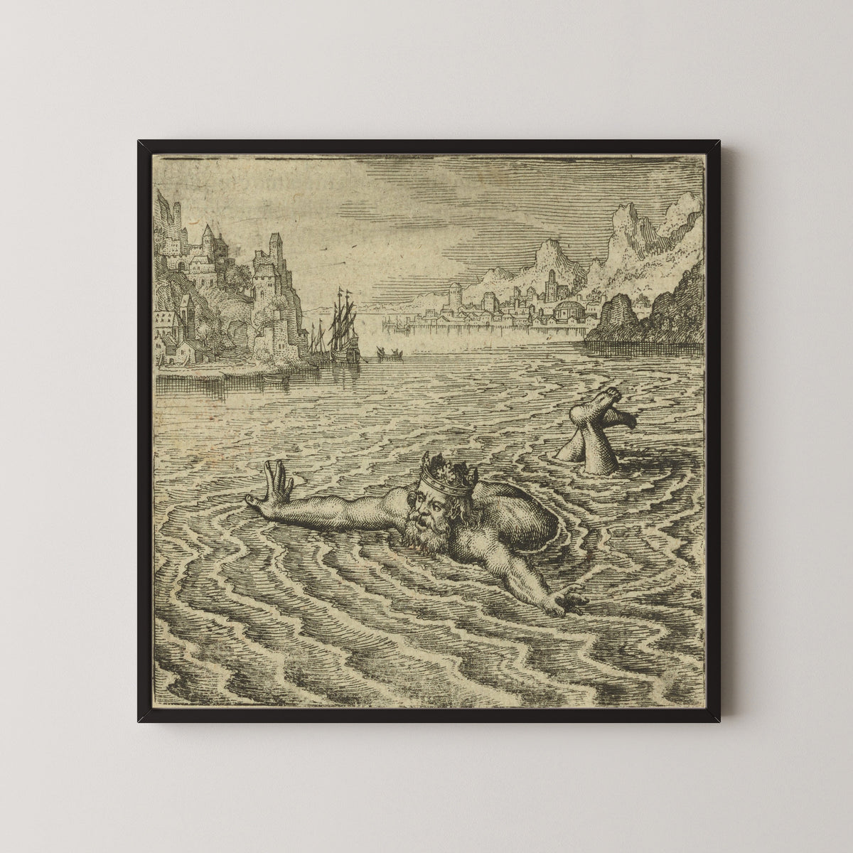 Framed art print of Atalanta Fugiens, Emblem 31: The King Swimming in the Sea Cries Out, He That Delivers Me… by Michael Maier, in a black frame on a pale wall