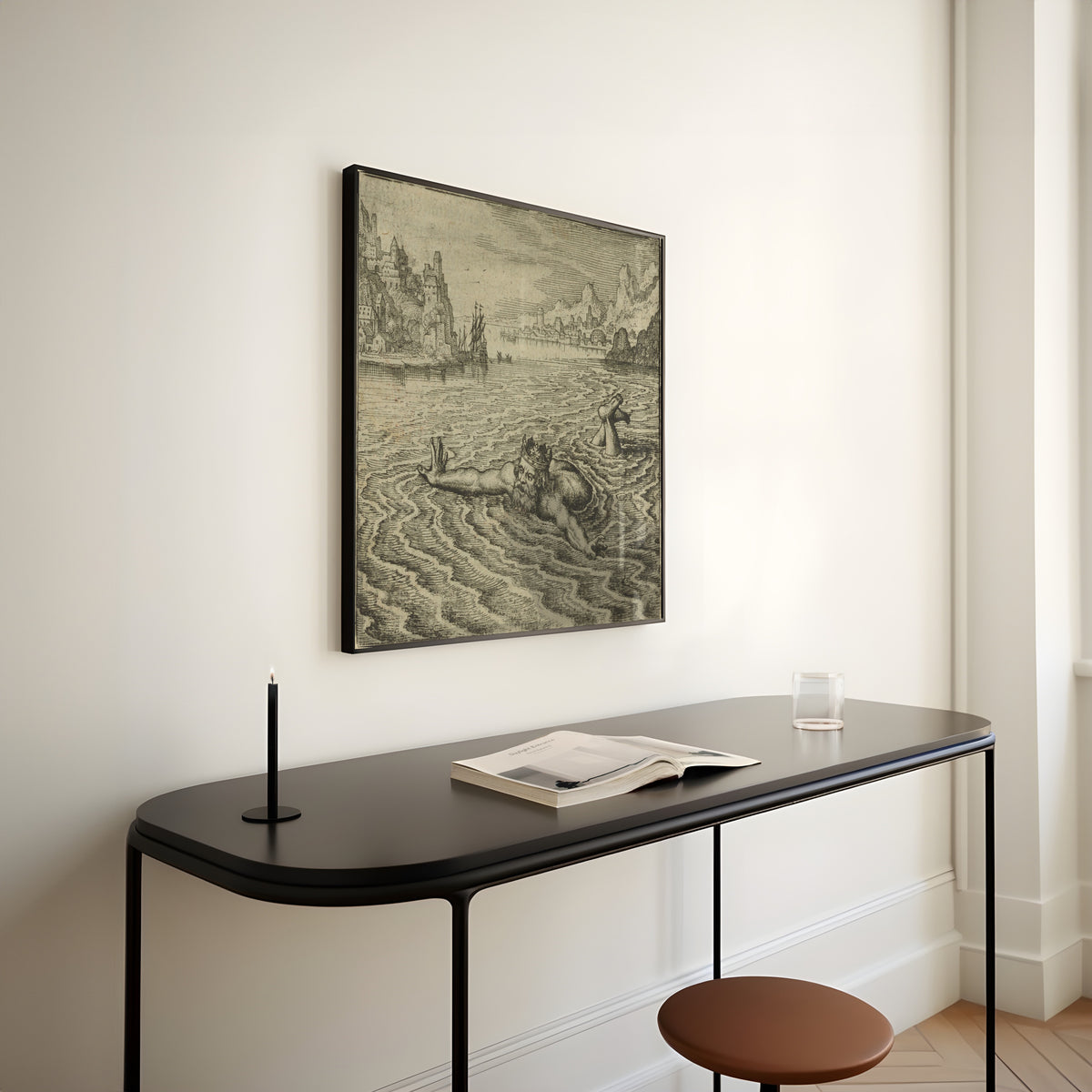 Framed art print of Atalanta Fugiens, Emblem 31: The King Swimming in the Sea Cries Out, He That Delivers… by Michael Maier, above a slim black console table