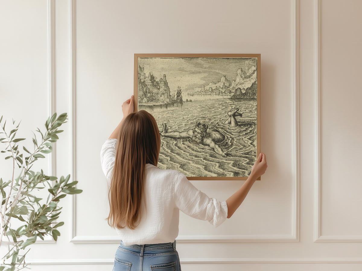 Framed art print of Atalanta Fugiens, Emblem 31: The King Swimming in the Sea Cries Out, He That Delivers Me Shall… by Michael Maier, hung on a panelled wall