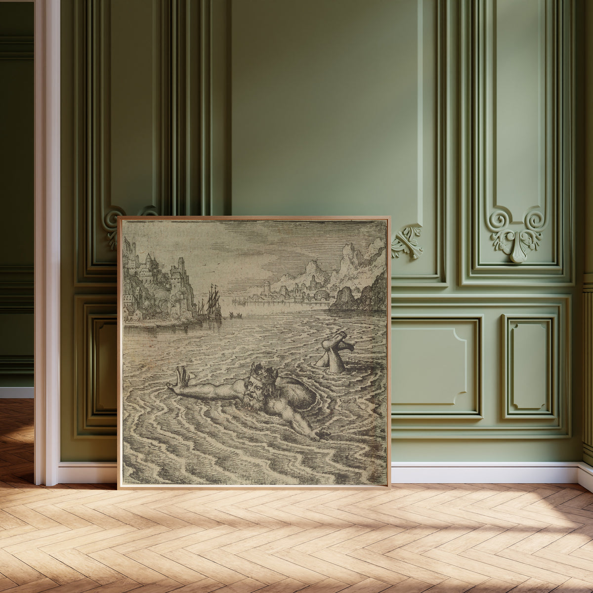 Framed art print of Atalanta Fugiens, Emblem 31: The King Swimming in the Sea… by Michael Maier, leaning against olive-green panelling on a herringbone floor