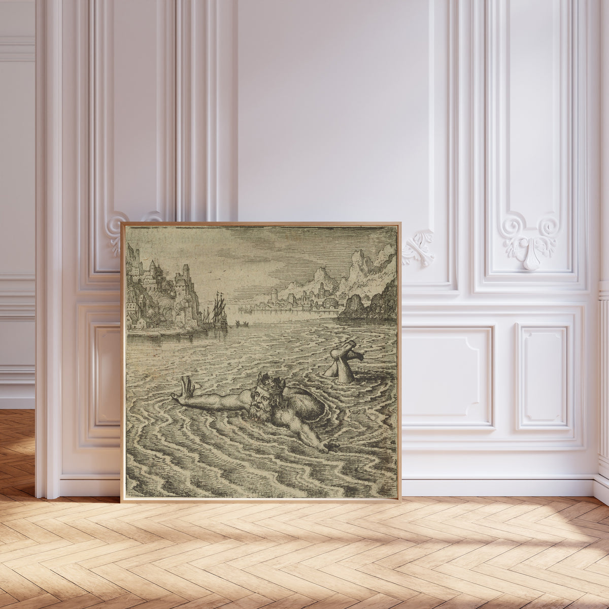 Framed art print of Atalanta Fugiens, Emblem 31: The King Swimming in the Sea… by Michael Maier, leaning against pale pink panelling on a herringbone floor