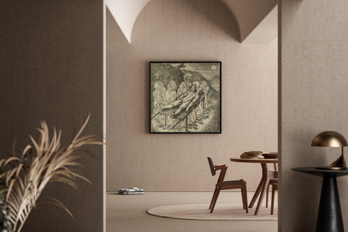 Framed art print of Atalanta Fugiens, Emblem 33: The Hermaphrodite, Lying Like a Dead Man in Darkness, Needs Fire by Michael Maier, in a sunlit dining corner