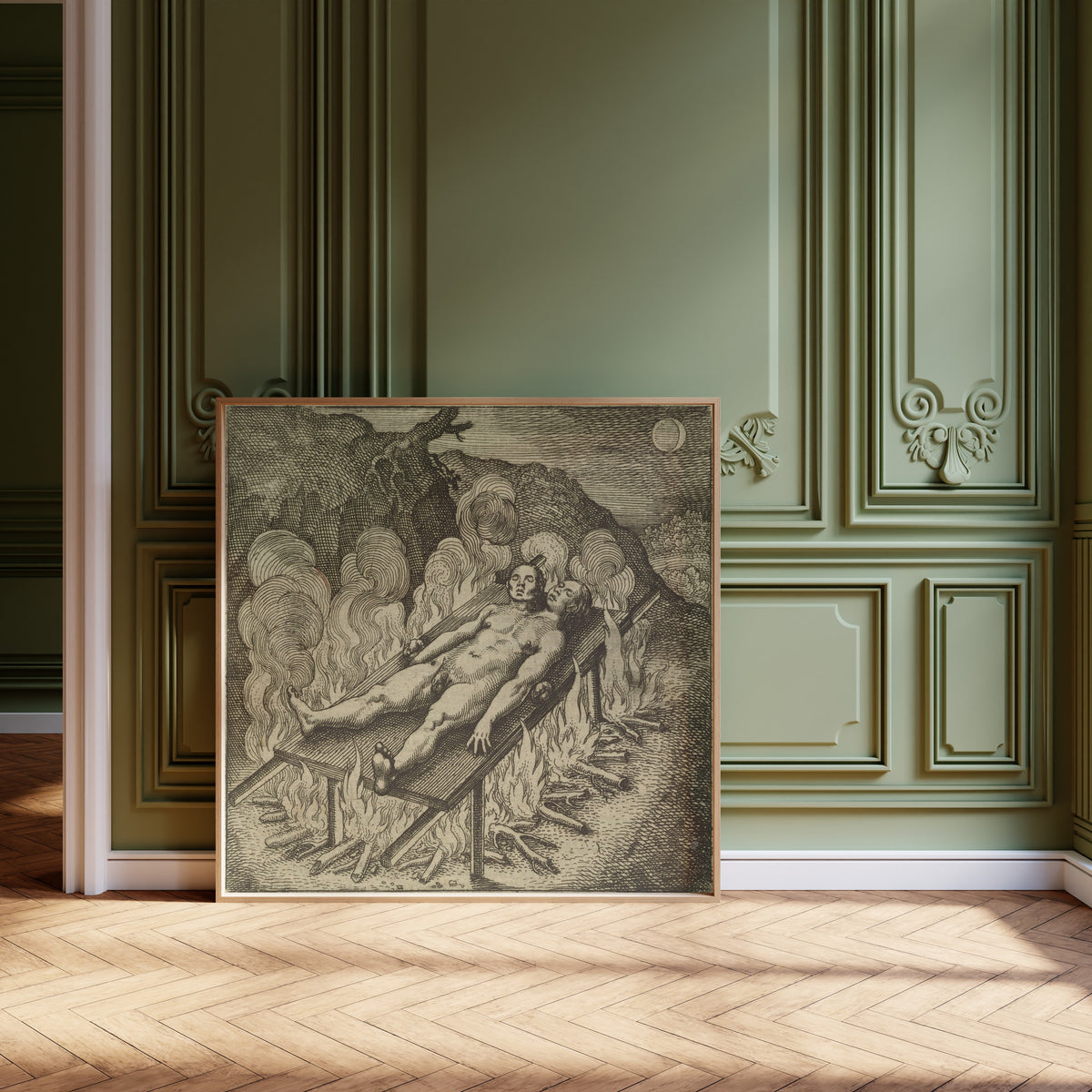 Framed art print of Atalanta Fugiens, Emblem 33: The Hermaphrodite, Lying Like… by Michael Maier, leaning against olive-green panelling on a herringbone floor
