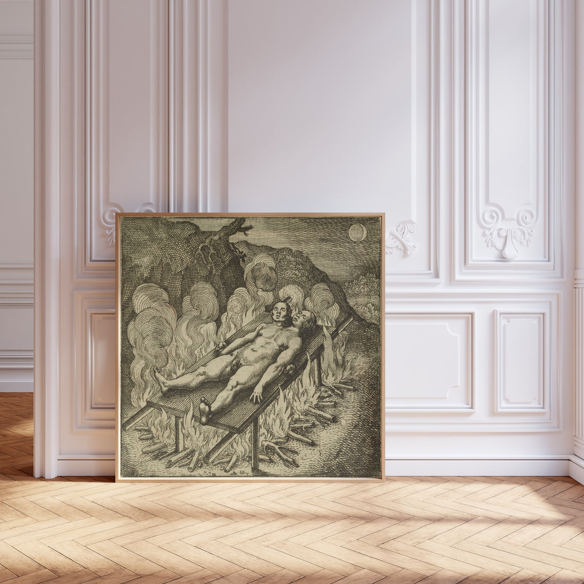 Framed art print of Atalanta Fugiens, Emblem 33: The Hermaphrodite, Lying Like a… by Michael Maier, leaning against pale pink panelling on a herringbone floor