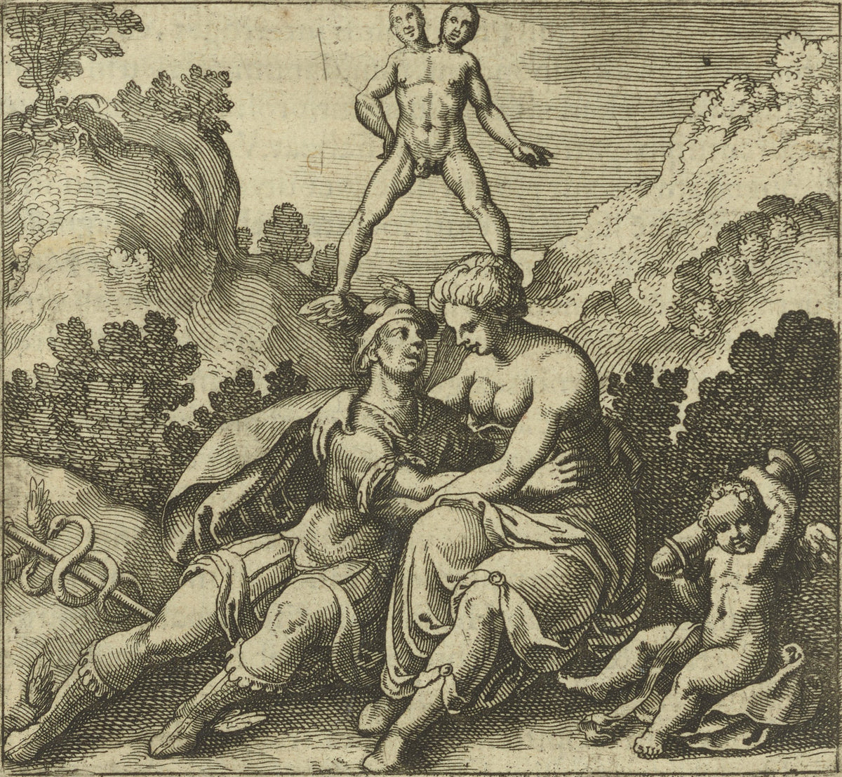 Atalanta Fugiens, Emblem 38: The Rebis Is Born Like the Hermaphrodite by Michael Maier — A two-headed figure stands on the heads of Mercury and Venus