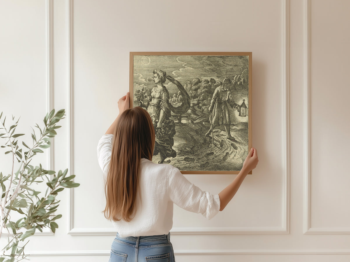Framed art print of Atalanta Fugiens, Emblem 42: Nature, Reason, Experience and Reading by Michael Maier, hung on a panelled wall