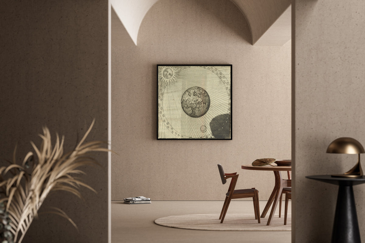 Framed art print of Atalanta Fugiens, Emblem 45: The Sun and Its Shadow Complete the Work by Michael Maier, in a sunlit dining corner