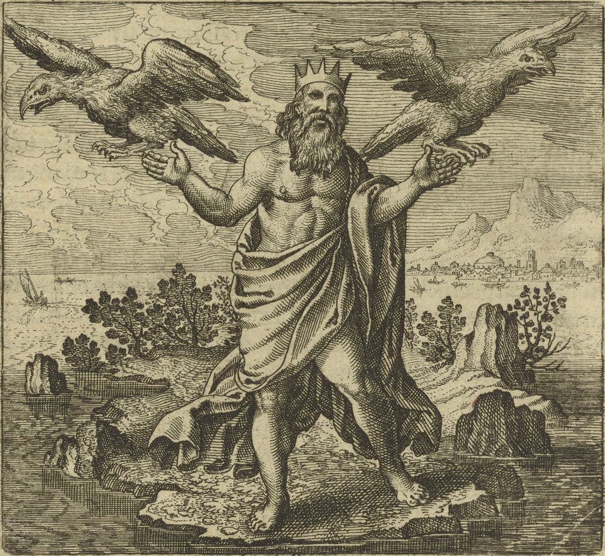 Michael Maier — Atalanta Fugiens, Emblem 46: Two Eagles, One from the East, the Other from the West, Come Together | Alchemical Engraving Print