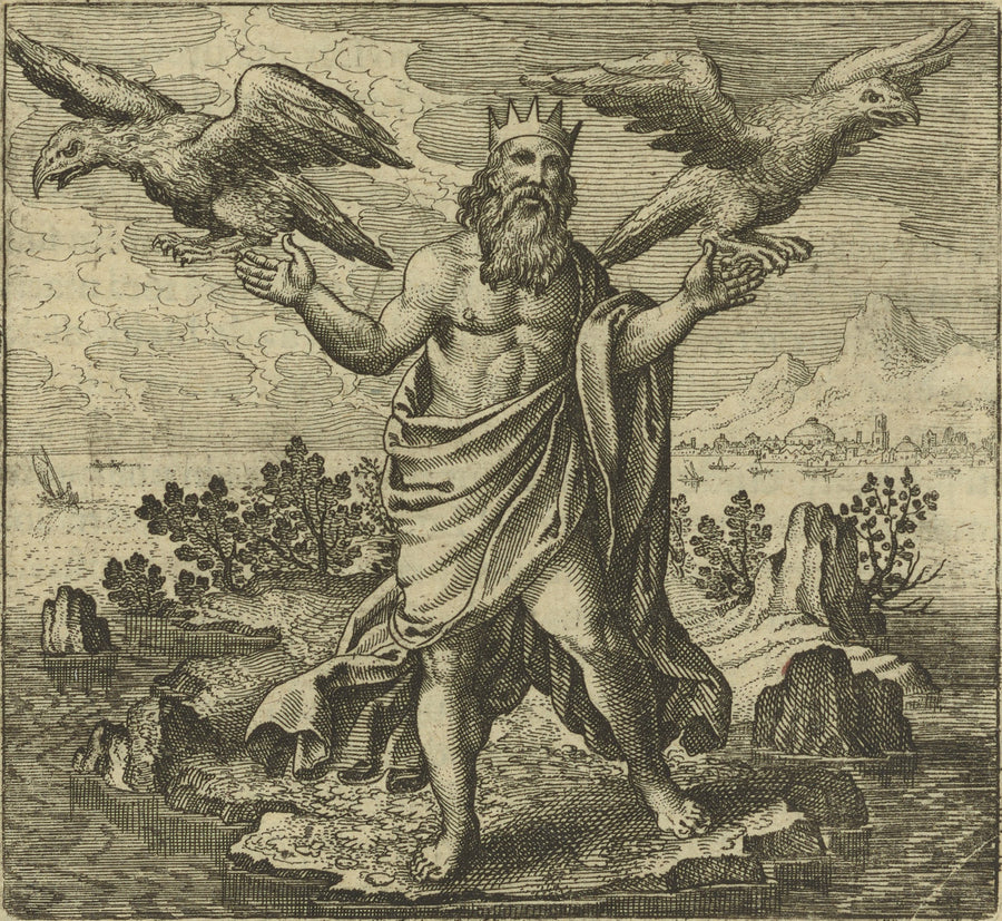 Michael Maier — Atalanta Fugiens, Emblem 46: Two Eagles, One from the East, the Other from the West, Come Together | Alchemical Engraving Print shown to scale on a wall above a sofa