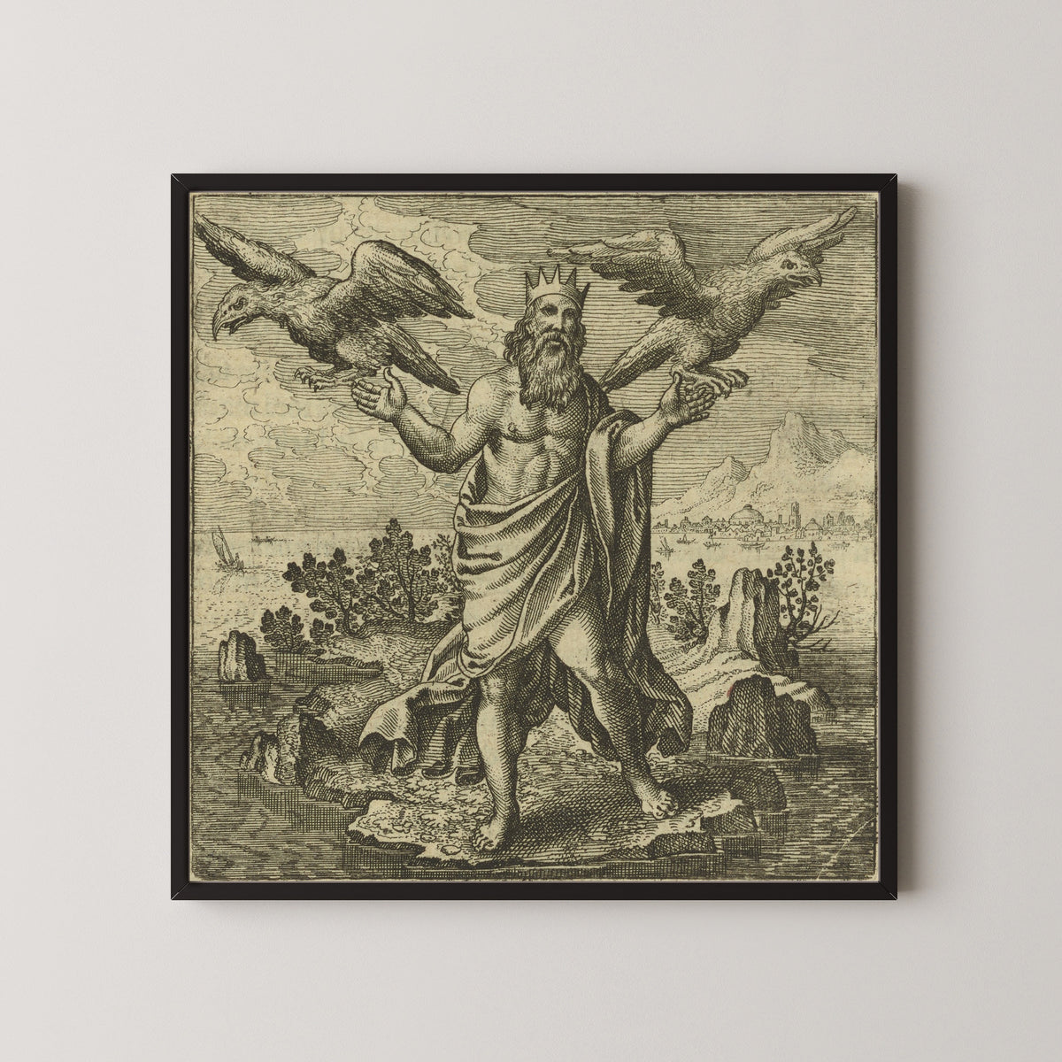 Framed art print of Atalanta Fugiens, Emblem 46: Two Eagles, One from the East, the Other from the West… by Michael Maier, in a black frame on a pale wall
