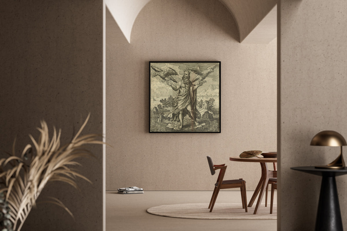 Framed art print of Atalanta Fugiens, Emblem 46: Two Eagles, One from the East, the Other from the West, Come… by Michael Maier, in a sunlit dining corner