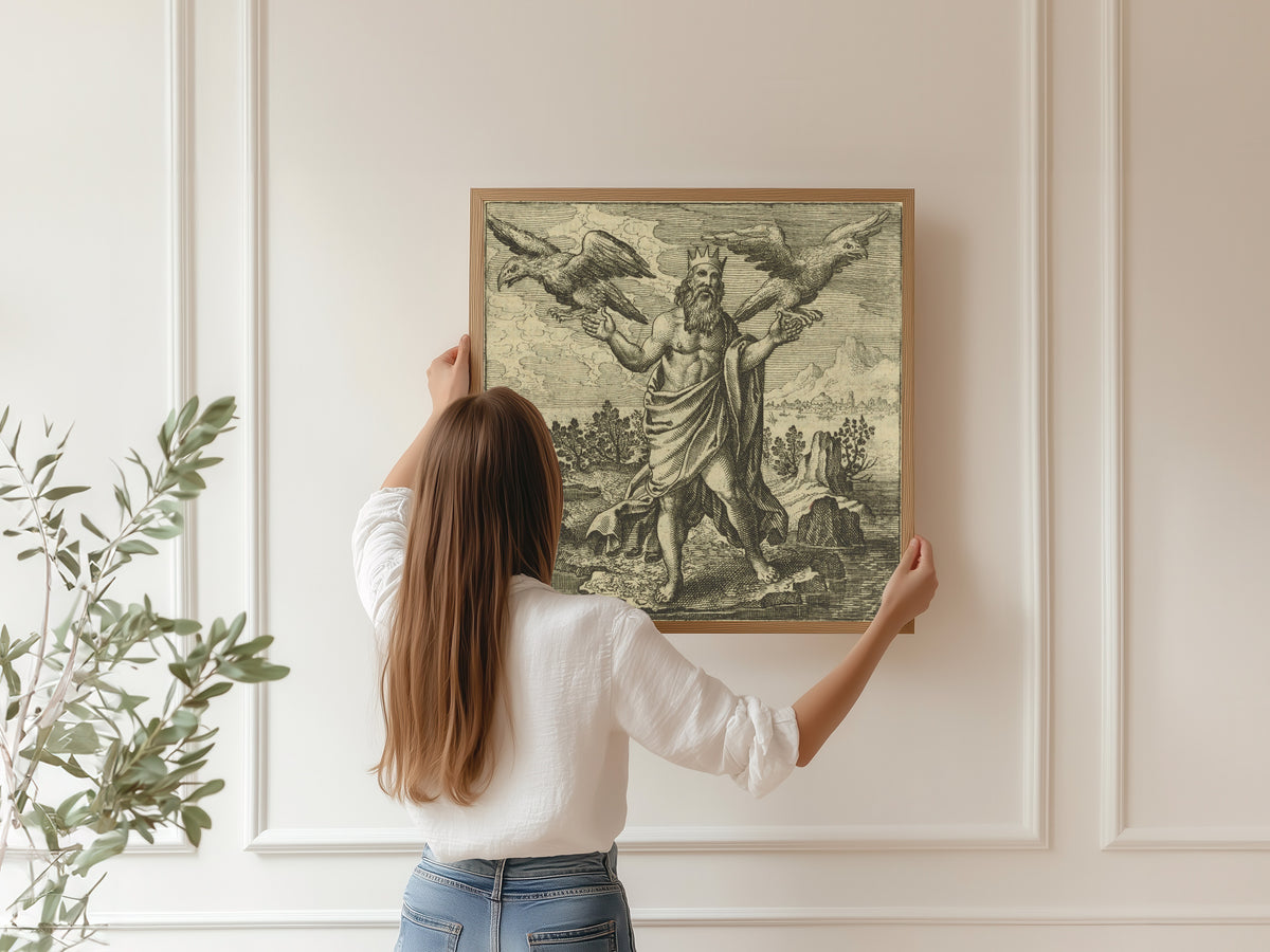 Framed art print of Atalanta Fugiens, Emblem 46: Two Eagles, One from the East, the Other from the West, Come Together by Michael Maier, hung on a panelled wall