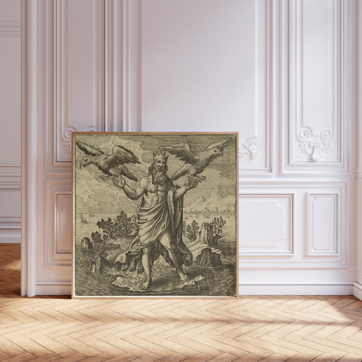 Framed art print of Atalanta Fugiens, Emblem 46: Two Eagles, One from the East… by Michael Maier, leaning against pale pink panelling on a herringbone floor