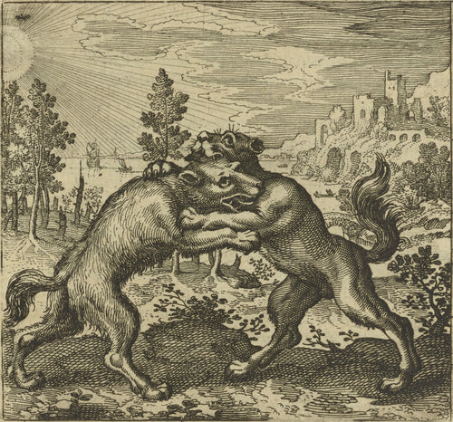 Atalanta Fugiens, Emblem 47: A Wolf Coming from the East and a Dog from the West Bit One Another by Michael Maier — A wolf and a dog rear up and grapple