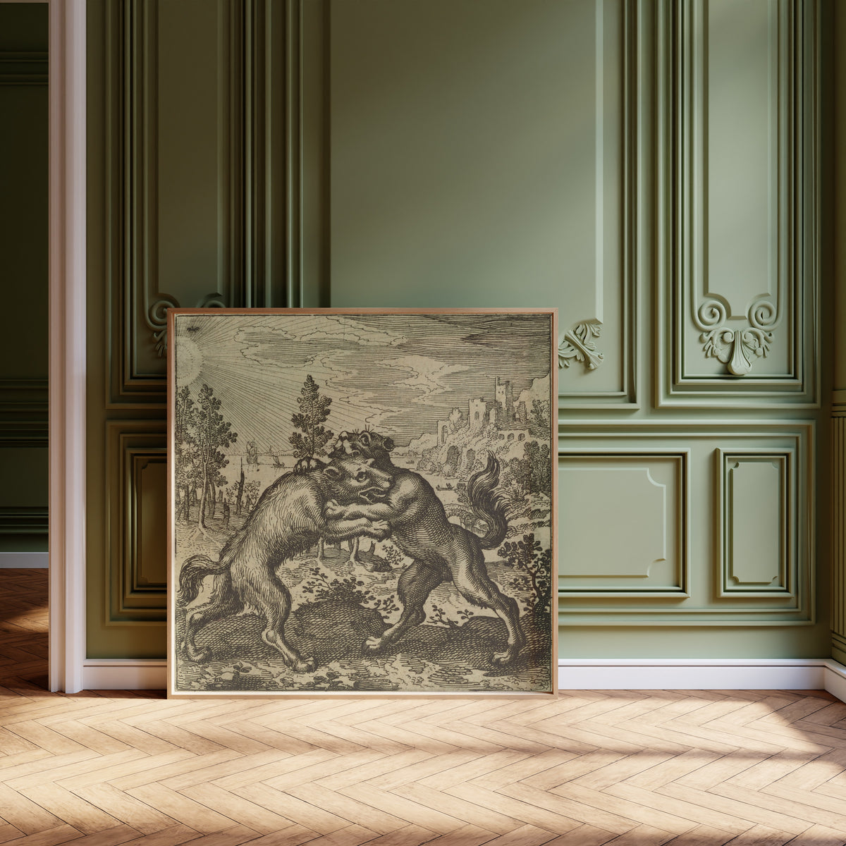 Framed art print of Atalanta Fugiens, Emblem 47: A Wolf Coming from the East… by Michael Maier, leaning against olive-green panelling on a herringbone floor