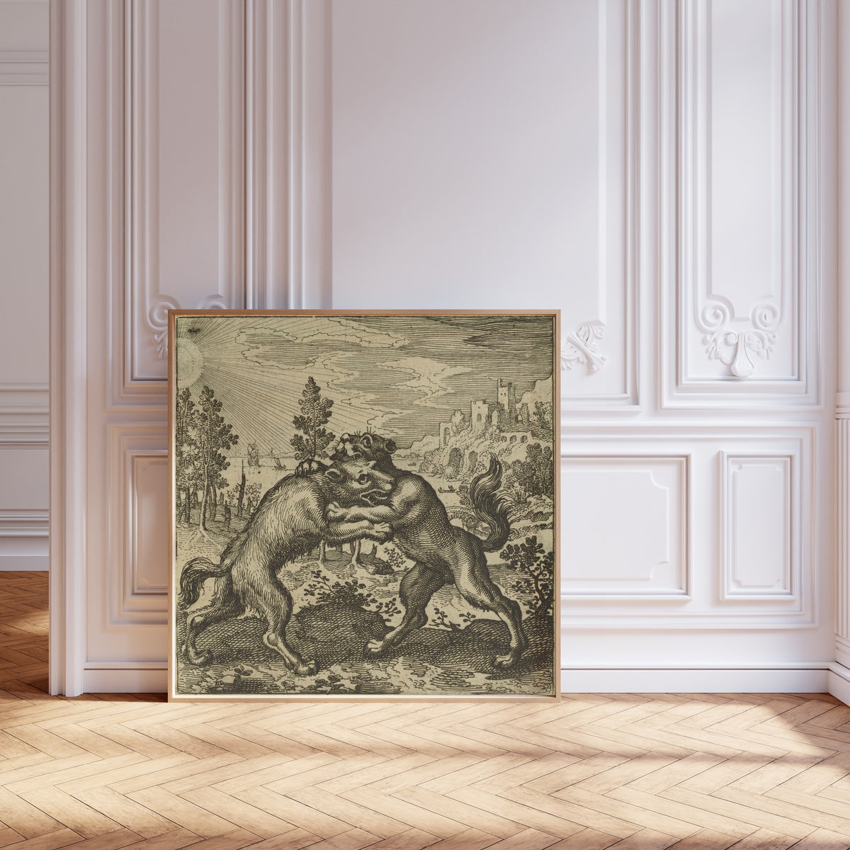Framed art print of Atalanta Fugiens, Emblem 47: A Wolf Coming from the East and… by Michael Maier, leaning against pale pink panelling on a herringbone floor