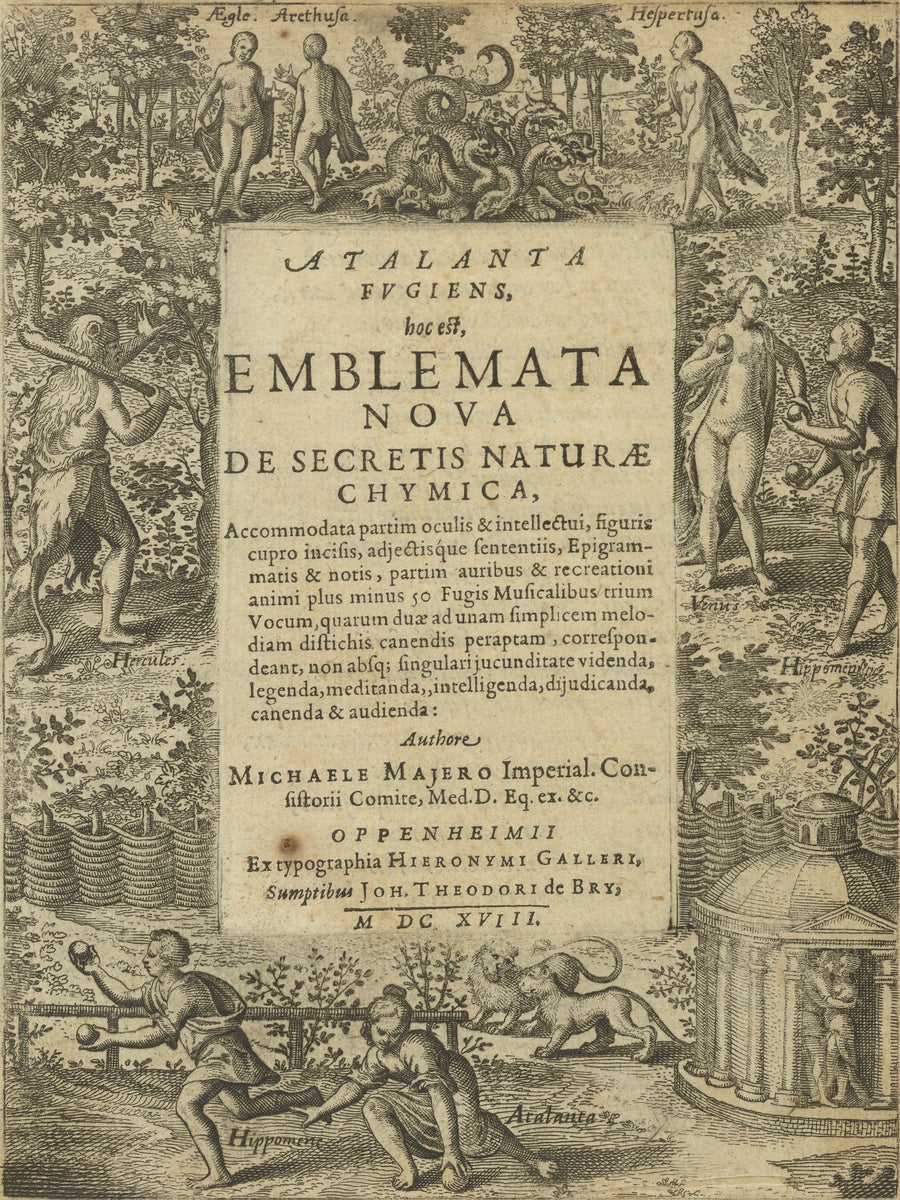 Michael Maier — Atalanta Fugiens, Title Page | Alchemical Engraving Print shown to scale on a wall above a sofa