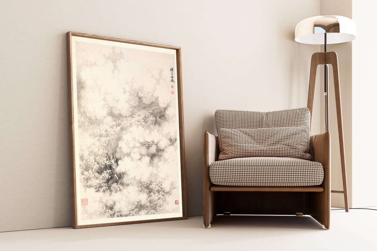 Dragon amid Clouds by Min Zhen — framed and leaning against a wall beside an armchair and a floor lamp