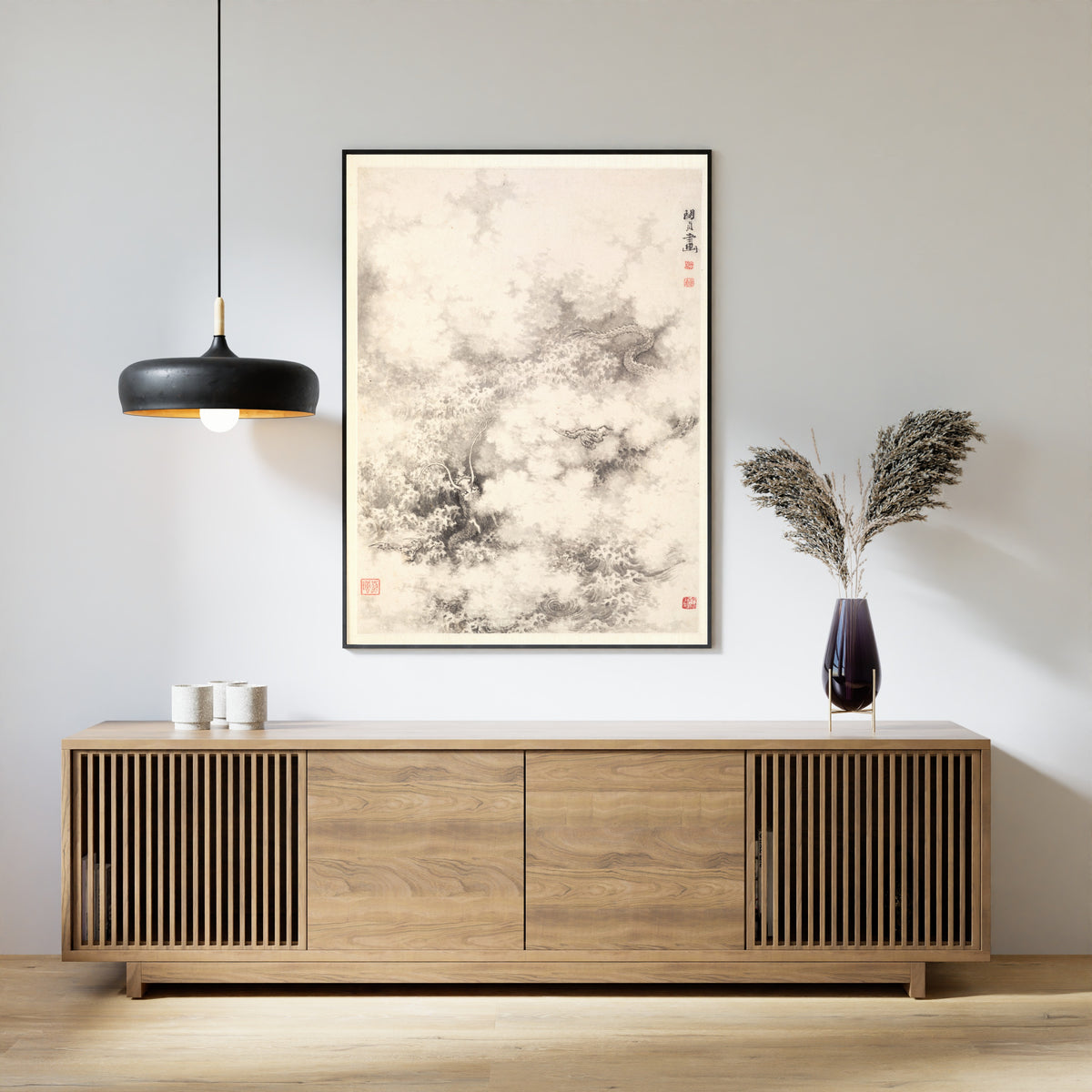 Dragon amid Clouds by Min Zhen — framed above a slatted wood sideboard