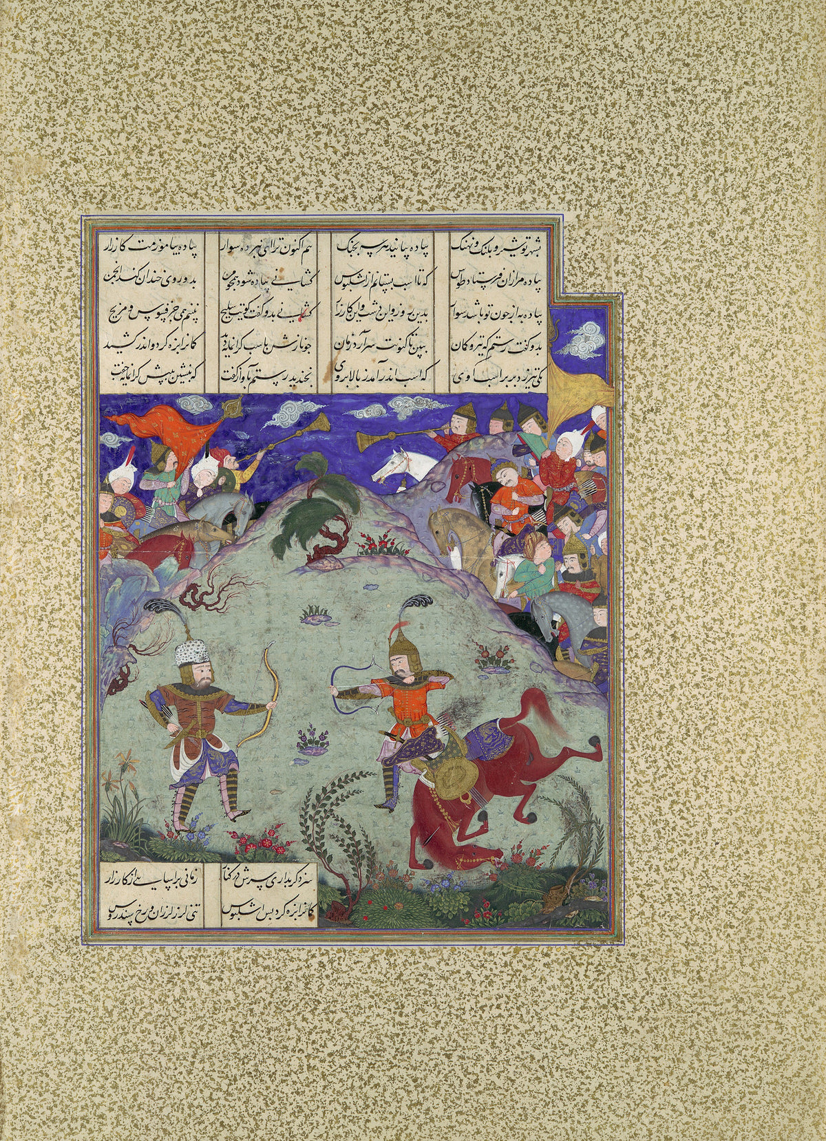 Mirza Muhammad Qabahat (attributed) — Shahnama of Shah Tahmasp: The Combat of Rustam and Ashkabus | Persian Miniature Art Print