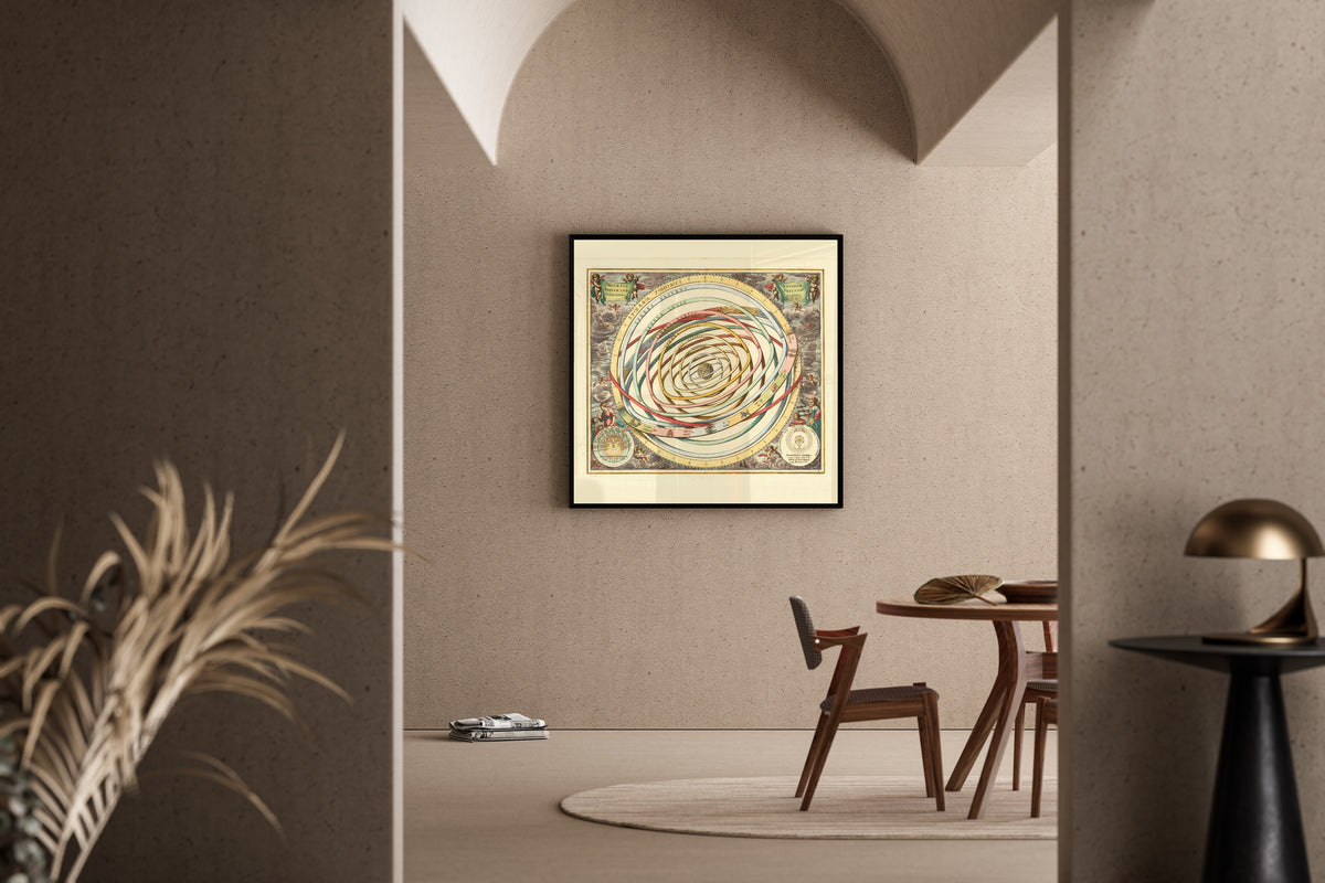 Andreas Cellarius — The Orbits of the Planets Encircling the Earth (Plate 3, Rose Colouring) | Celestial Map Print