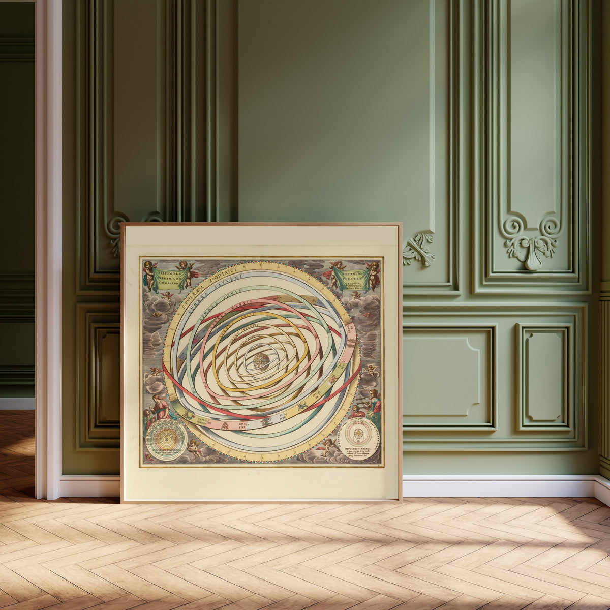 Andreas Cellarius — The Orbits of the Planets Encircling the Earth (Plate 3, Rose Colouring) | Celestial Map Print